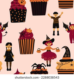 Halloween vector cartoon seamless pattern. Background for wallpaper, wrapping, packing, and backdrop.