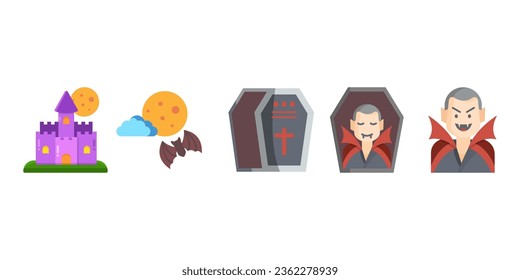 
Halloween vector cartoon set. Collection of cute and scary icons with castle,bat,vampire,coffin. Isolated colorful flat style design illustration.
