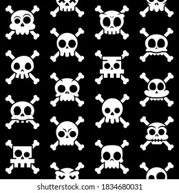 Halloween vector cartoon skull with bones vector seamless pattern, Mexican cute sugar skulls design set, in white on black background. Skull collection repetitive background