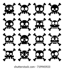 Halloween vector cartoon skull with bones icons, Mexican cute black sugar skulls design set, Dia de los Muertos
