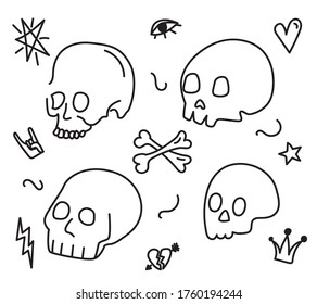 Halloween vector cartoon skull icons, Mexican cute sugar skulls design set, Dia de los Muertos Skull collection in black isolated on white, decoration party hand drawn style skulls doodle