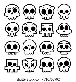 Halloween vector cartoon skull icons, Mexican cute sugar skulls design set, Dia de los Muertos
Skull collection in black isolated on white, decoration for Halloween party

