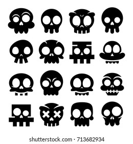 Halloween vector cartoon skull icons, Mexican cute black sugar skulls design set, Dia de los Muertos