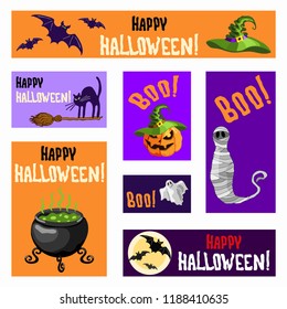Halloween vector cartoon style banners set with pumpkin lantern, black cat, ghost, mummy, bat, full moon, witch hat, broom and cauldron 