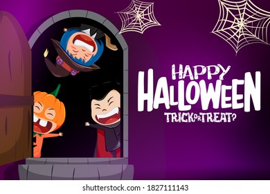 Halloween vector character background design. Happy halloween trick or treat text with creepy characters like pumpkin, witch, and vampire for horror cartoon design. Vector illustration.