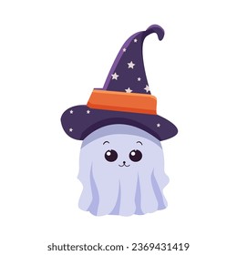 Halloween vector character. Cute little ghost in a witch hat. Flat illustration.
