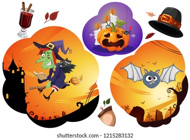 Halloween vector character set, witch, bat,halloween pumpkin, hat