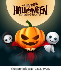 Diseño de afiche de personajes vectoriales de Halloween. Feliz texto de halloween en elemento lunar con vampiros de linternas de calabaza, personajes fantasmas y sombríos de pañales para truco o tratar el diseño de la fiesta. Ilustración del vector 