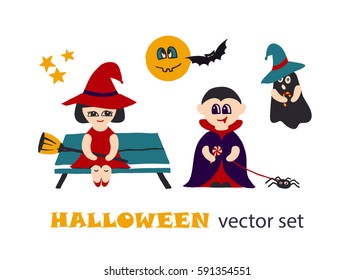 Halloween vector clip art set with kids in costumes