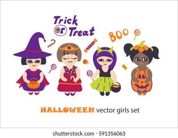 Halloween vector clip art set with kids in costumes