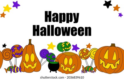 Halloween vector clipart banner and greeting design. Seamless pattern decoration with pumpkins and candy