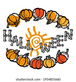 halloween vector clipart garland of pumpkins. The inscription is laid out and made of bones. Black and white with colored spots