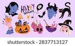 Halloween vector clipart set with vampire, demon, witch, cat, pumpkin, skull, and ghost. Happy party character heads and spooky objects for design.