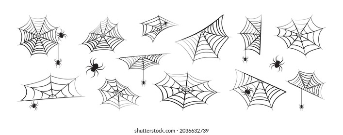 Halloween vector cobweb and hanging spiderweb. Black spider corner border and frame, horror line icon for holiday decoration. Hand drawn design. Creepy illustration