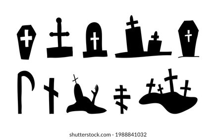 halloween vector coffins graves silhouette in doodle style