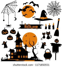 Halloween vector collection. Black and orange silhouettes, symbols: old castle with ghosts, web, bats with the moon, witch hat, candles, carved pumpkins, broom, cats, pot and scarecrow