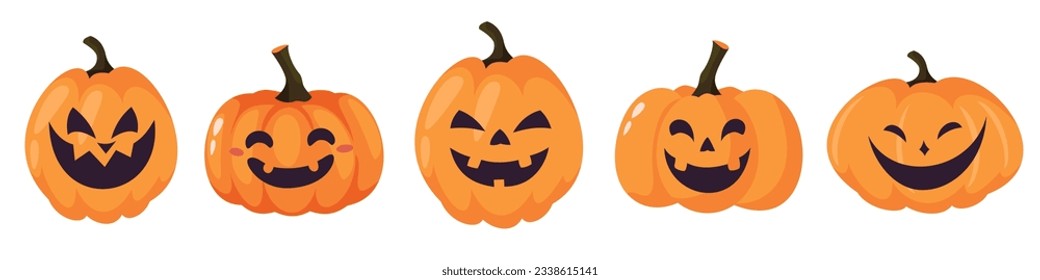 Halloween Vector Collection. Cute kind pumpkins for Halloween. Jack lantern with different laughing spooky faces. 