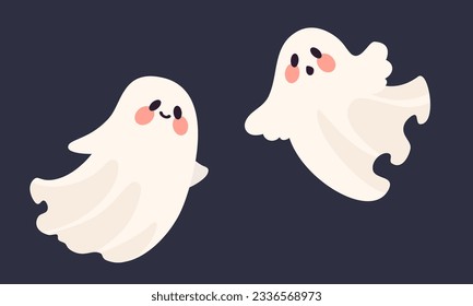 Halloween Vector Collection. Cute white ghosts flying in the dark.