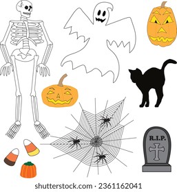 Halloween vector collection, graphic resources, skeleton, pumpkins, jack-o-lantern, spider web, ghost, gravestone, black cat, candy.