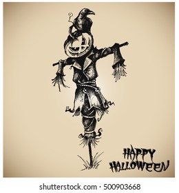 Halloween vector collection. Hand drawn illustration. Line art. Doodle. Scarecrow