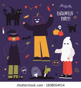 Halloween vector collection. Scary and funny characters, fun holiday. People in pumpkin costumes, witch, ghost, zombie. Celebration 31 October party. Modern flat style