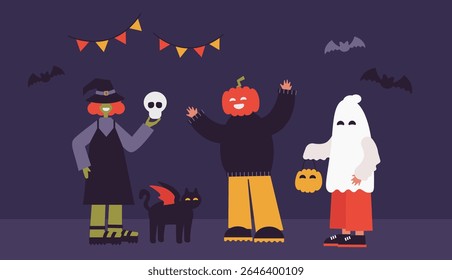 Coleção de vetores de Halloween. Personagens assustadores e engraçados, feriado divertido. Pessoas com trajes de abóbora, bruxa, fantasma, zumbi. Festa de 31 de outubro. Estilo plano moderno