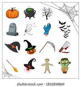 Halloween vector collection of spooky illustration isolated on white. Cartoon symbols for creepy holiday celebration. October scary icons for party invitation. Set of Cliparts in eps10 format.