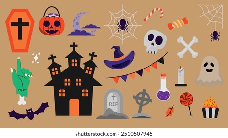 Halloween Vetor Collection: Este conjunto apresenta ícones divertidos do Halloween, incluindo uma casa assombrada, morcegos, chapéu de bruxa, fantasmas, crânio, aranhas, doces, abóboras, lápides, velas e um caldeirão.