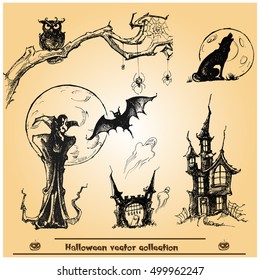 Halloween vector collection.Hand drawn illustration.Line art. Doodle.