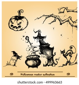 Halloween vector collection.Hand drawn illustration.Line art. Doodle.