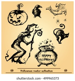 Halloween vector collection.Hand drawn illustration.Line art. Doodle.