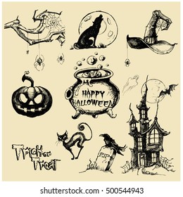 Halloween vector collection.Hand drawn illustration.Line art. Doodle.