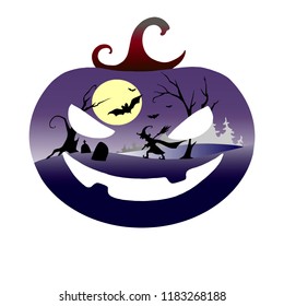 Halloween vector color illustration. Scary pumkin with night landscape. Double exposure with graveyard, witch and moon