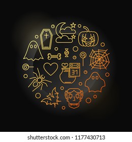 Halloween vector colored round illustration made with funny halloween linear icons on dark background