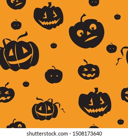 Halloween vector colorful seamless pattern with different black pumpkins with scary smile iolated on orange background, stock illustration