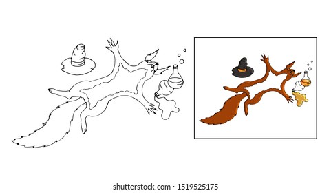 Halloween vector coloring pages for children. The squirrel drinks poison and lies on the ground. A hat is nearby. Outline picture with colour sample