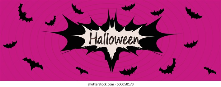 halloween vector comic art. black bats on dark purple violet background. for your site.