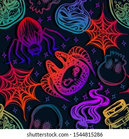 Halloween vector composition with bottles with insects, bottle with potion, skulls, spider, seamless pattern, background dark, t-shirt design