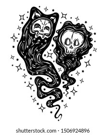Halloween vector composition with demon cat, ghost. Illustration in line art style. Mystic, witchcraft, tattoo art, print for t-shirt