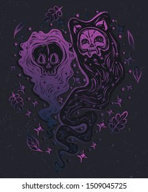 Halloween vector composition with demon cat, ghost. Illustration in line art style. Mystic, witchcraft, tattoo art, print for t-shirt, background dark purple