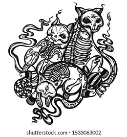 Halloween vector composition with different mystical cats skeleton, candies. Adult coloring book page, tattoo art, t-shirt design