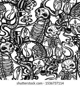 Halloween vector composition with different mystical cats skeleton, candies. Adult coloring book page, t-shirt design, background light, seamless pattern