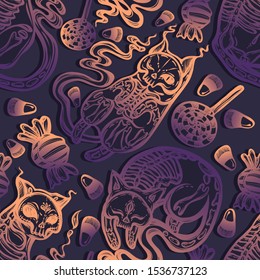 Halloween vector composition with different mystical cats skeleton, candies. Adult coloring book page, background dark purple, seamless pattern, t-shirt design