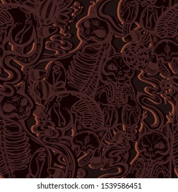 Halloween vector composition with different mystical cats skeleton, candies. Adult coloring book page, t-shirt design, background dark, seamless pattern