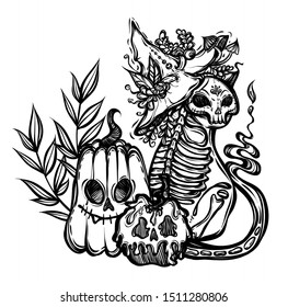 Halloween vector composition with mystical cat skeleton, witch hat , pumpkin and poisoned apple. Adult coloring book page, tattoo art, t-shirt design