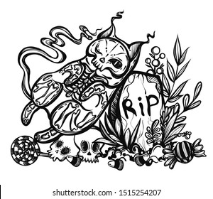 Halloween vector composition with mystical cat skeleton lies on the grave, skulls. Adult coloring book page 