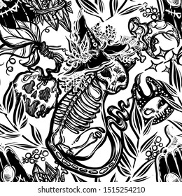 Halloween vector composition with mystical cat skeleton, witch hat , pumpkin and poisoned apple. Adult coloring book page, seamless pattern, background light