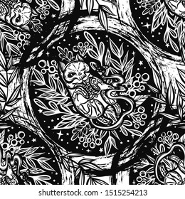 Halloween vector composition with mystical cat skeleton lies in the grass, portal. Adult coloring book page, seamless pattern, background light