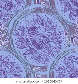Halloween vector composition with mystical cat skeleton lies in the grass, portal. Adult coloring book page, seamless pattern, background purple