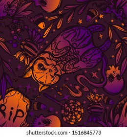 Halloween vector composition with mystical cat skeleton lies on the grave, skulls. Adult coloring book page, t-shirt design,seamless pattern, background dark purple